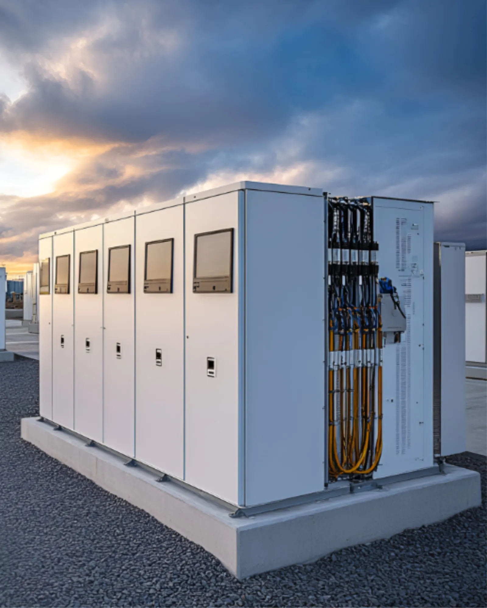 Battery energy storage units under a dusk sky